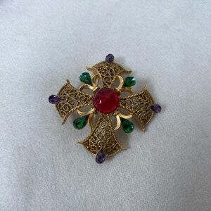 Vintage Elegant Gold plated Trifari Brooch with Red, Green, and Purple Accents